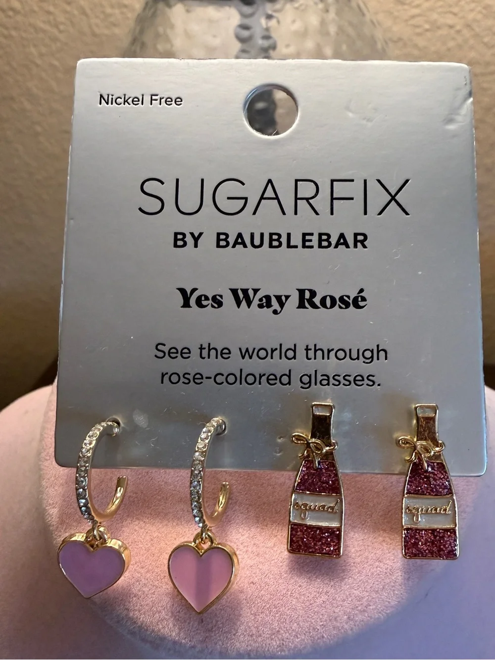 New Sugarfix BaubleBar Pink Heart & Glitter Rosé Bottle Earring Set